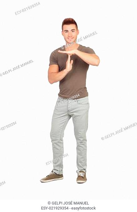Attractive guy with spiky hair gesturing time-out