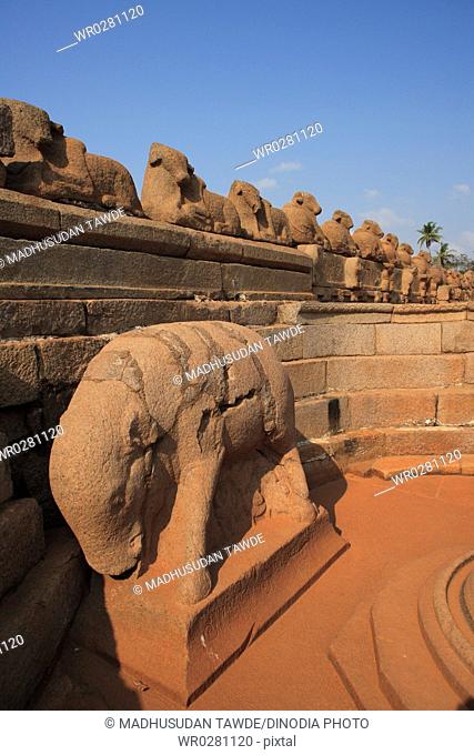 Shore temple dedicated to gods Vishnu and Shiva built c. 700 - 728 , Mahabalipuram, District Chengalpattu , Tamil Nadu , India UNESCO World Heritage Site