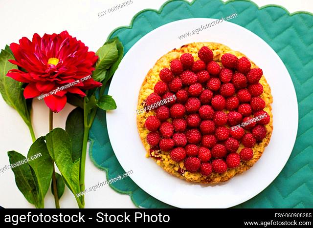 bright raspberry cake is on the plate and a green napkin