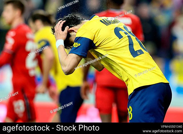 Union's Koki Machida reacts during a soccer match between Belgian Royale Union Saint-Gilloise and German Bayer 04 Leverkusen