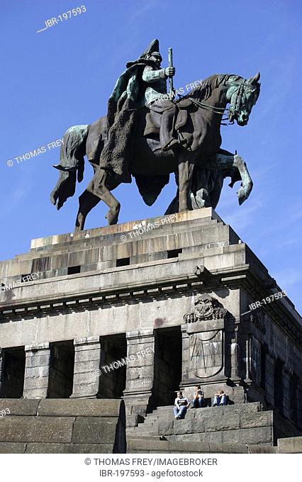 The equestrian statue of german emperor Wilhelm at the german corner called Deutsches Eck in Koblenz, Rhineland-Palatinate, Germany