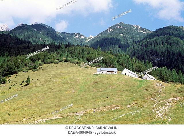 Malga Somdogna refuge, with Mount Jof of Miezegnot and Mount Piper in the background, Val Dogna, Friuli-Venezia Giulia, Italy