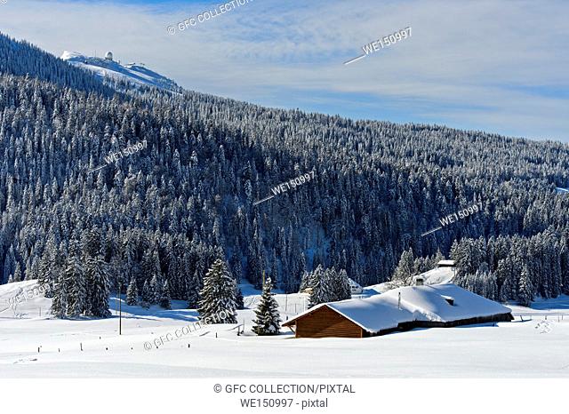 Winter landscape at Col de la Givrine with the peak La Dole in the Swiss Jura mountain range, Saint-Cergue, Vaud, Switzerland