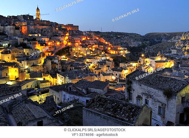 Cityscape of ""Sassi"" in Matera, region of Basilicata, Italy, Europe, night view