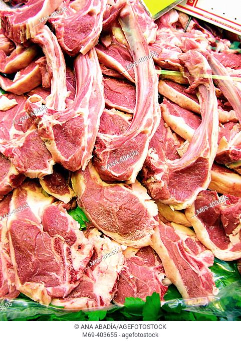 Lamb meat. La Boquería market. Barcelona. Spain