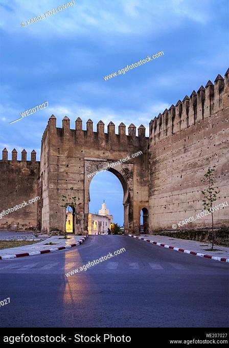 Gate in the walls of the Old Medina of Fes, dusk, Fez-Meknes Region, Morocco