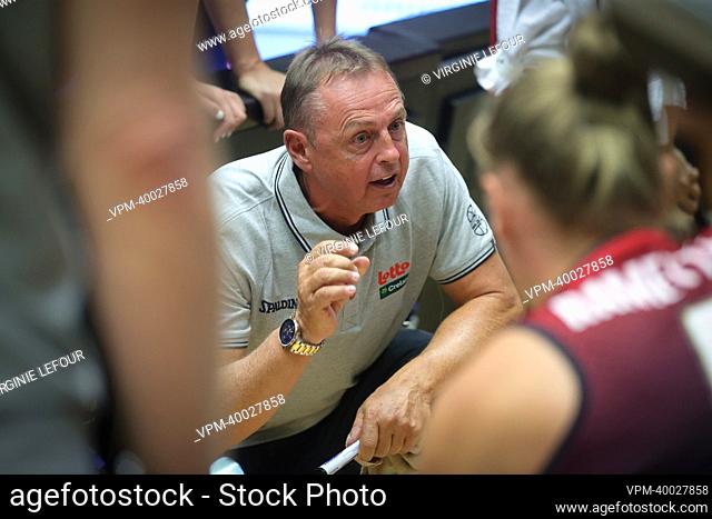 Belgium's head coach Valery Demory gestures during a friendly basketball game between Belgian national team the Belgian Cats and Serbia