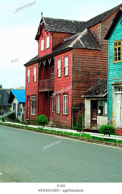 Chile, Chiloe, Old wooden house covered with larch tiles, Curaco de Velez,  Region X of Los Lagos, South America