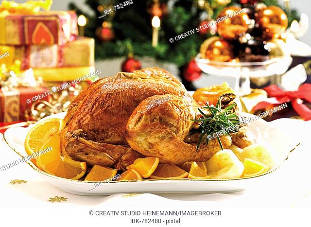 Roast turkey surrounded by oranges in front of wrapped presents and a decorated Christmas tree