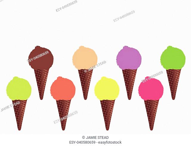 8 ice cream cones over a white background