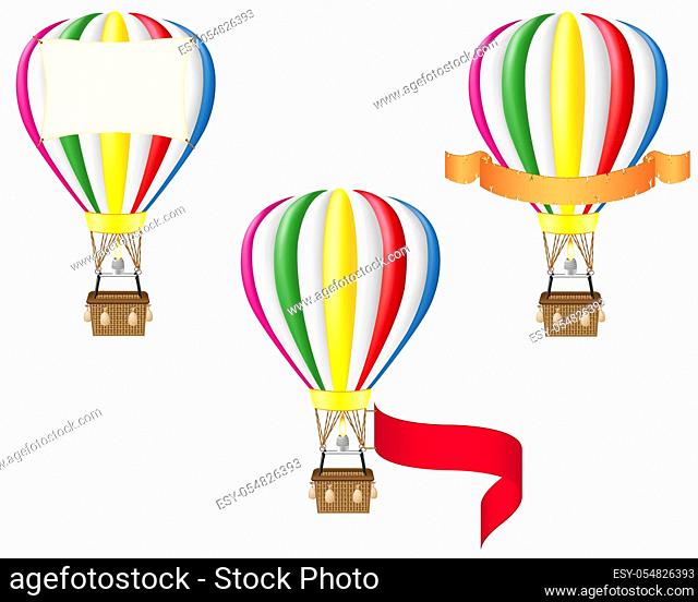 hot air balloon and blank banner vector illustration isolated on white background