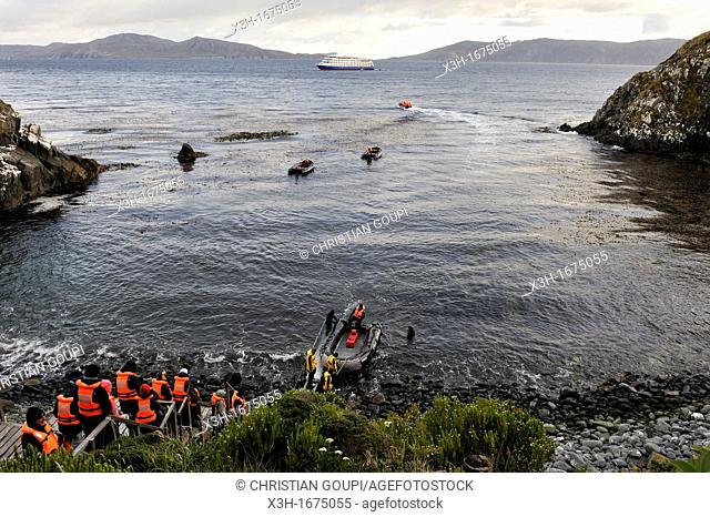 passengers of the cruise ship Stella Australis Cruceros Australis compagny landing on the Horn island, Tierra del Fuego, Chile, South America