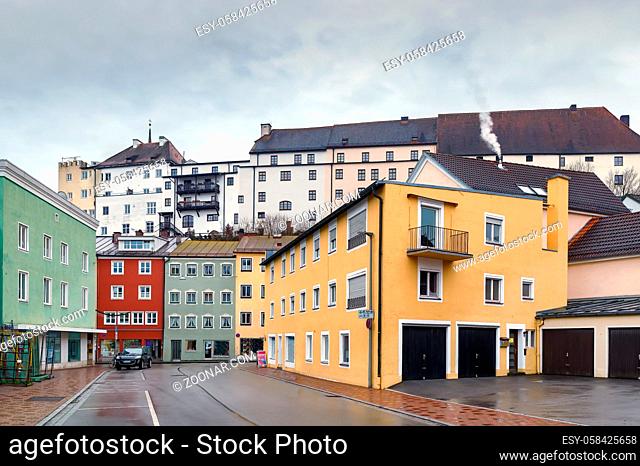 Street with historical houses in Wasserburg am Inn, Germany