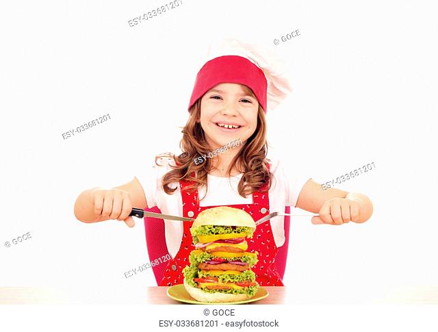 happy little girl cook with big hamburger