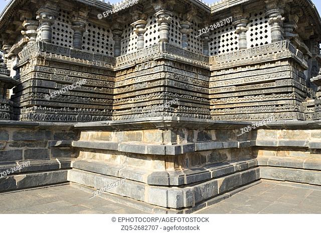 View of stellate form of shrine outer wall at the Hoysaleshwara Temple, Halebid, Karnataka, india. View from North East