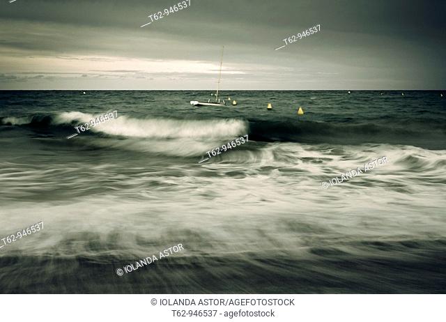 A solitary boat in the middle of the waves  Movement  Mediterranean Sea