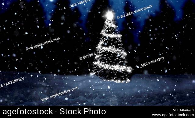 Shining Christmas tree in a snowy winter forest
