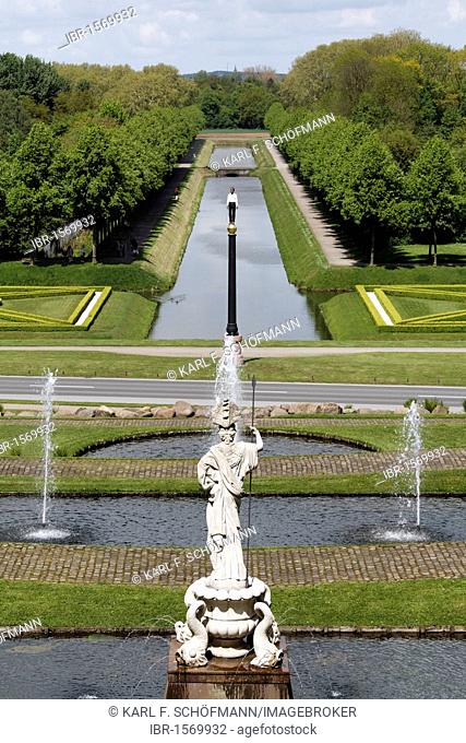 View of the Pallas Athena statue and Moritzkanal channel, baroque gardens, spa gardens Kleve, Niederrhein region, North Rhine-Westphalia, Germany, Europe