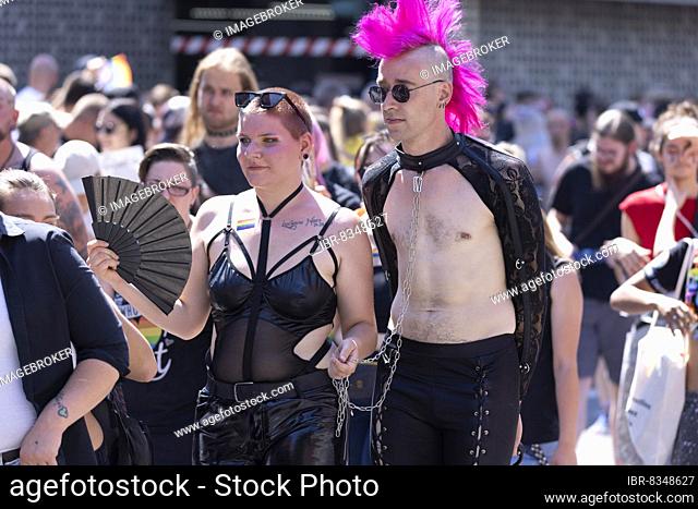 Woman, dominatrix with her slave on chain at CSD parade, Cologne, North Rhine-Westphalia, Germany, Europe