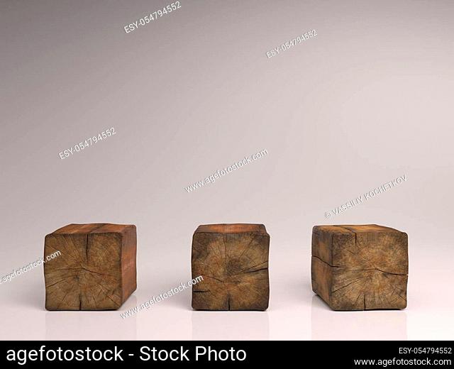 Design concept - abstract geometric real wooden cube with surreal layout on white floor background and it's not 3D render