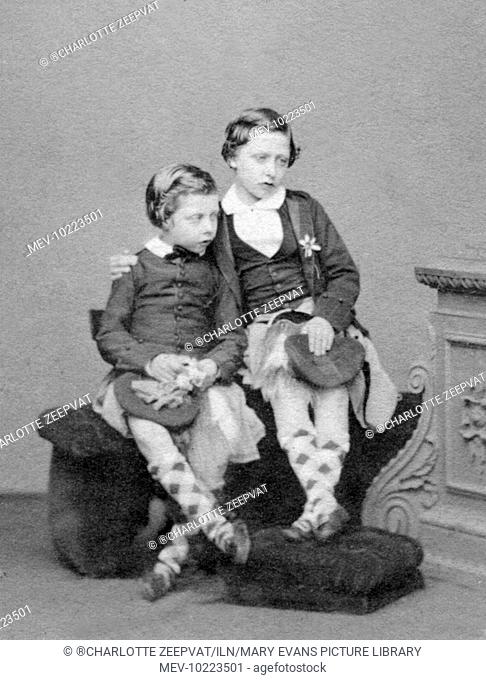 The younger sons of Queen Victoria and Prince Albert photographed by Mayall in 1861. Prince Arthur (1850-1842) is on the right and Prince Leopold (1855-1884) on...