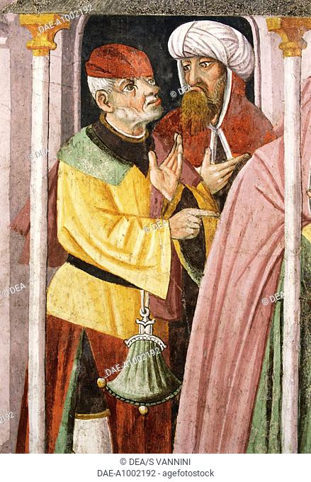Jews in medieval oriental clothes, detail from the Remorse of Judas, fresco, by Giovanni Canavesio, 1491, in the Notre-Dame des Fontaines Chapel, La Brigue