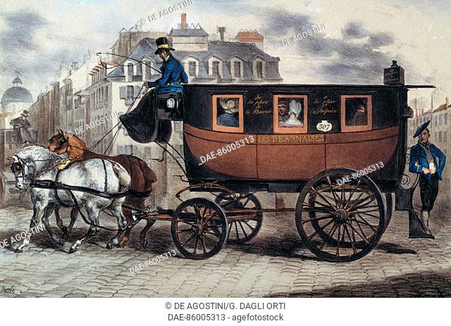 A Les Bearnaises carriage on the route between Place de la Bourse and Place Saint Sulpice, Paris, 1830 ca, engraving by Auguste Raffet, France, 19th century