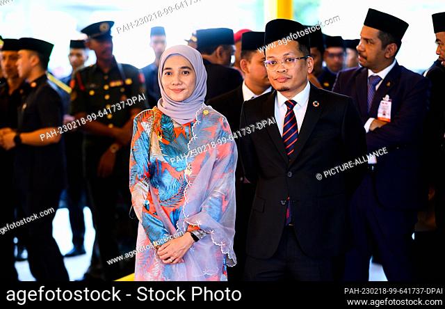 17 February 2023, Malaysia, Kuala Lumpur: Nik Nazmi Nik Ahmad, Minister of Environment of Malaysia, and his wife Noor Farah binti Rahim stand in front of the...