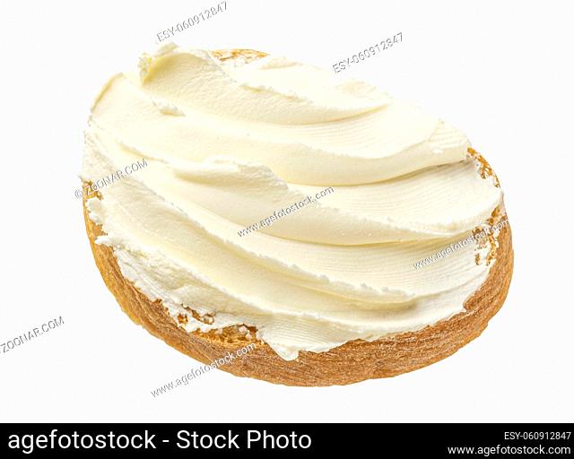 Toasted bread with cream cheese isolated on white background with clipping path, top view