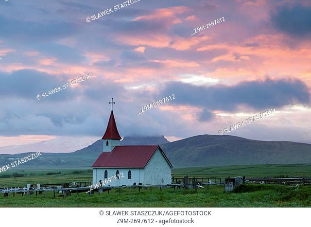 Sunset at Reyniskirkja church near Vik, Iceland