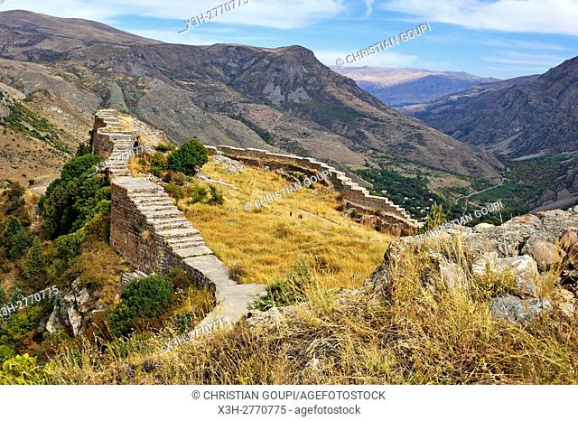 defensive wall of Smbataberd Fortress, located upon the crest of a hill between the villages of Artabuynk and Yeghegis, near Yeghegnadzor, Vayots Dzor province