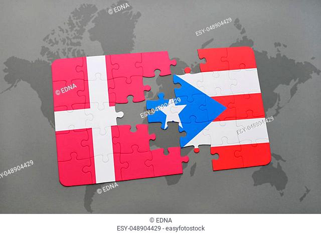 puzzle with the national flag of denmark and puerto rico on a world map background. 3D illustration