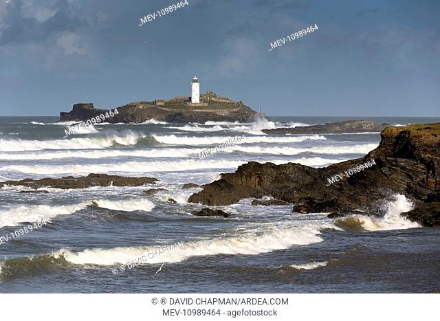 Godrevy Lighthouse in winter storm Cornwall UK