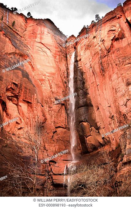 Temple of Sinawava Waterfall Red Rock Wall Zion Canyon National Park Utah Southwest