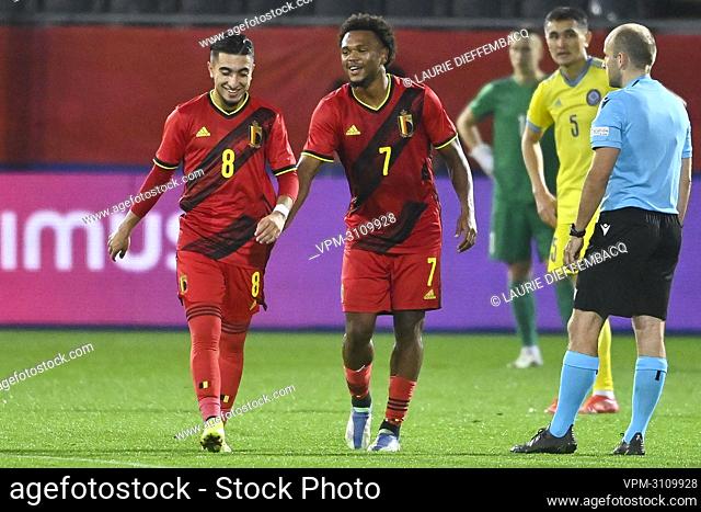 Belgium's Lois Openda and Belgium's Anouar Ait El Hadj celebrate after scoring during a soccer game between the U21 Red Devils and Kazakhstan