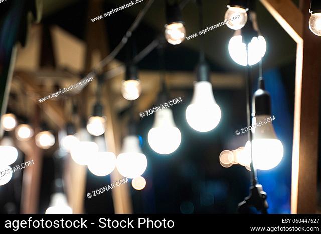 Decorative outdoor string lights in the evening
