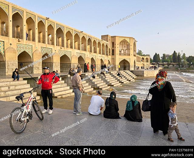 The Khadju Bridge over the Zayandeh Rud River in the Iranian city of Isfahan, taken on April 25th, 2017. The two-story bridge with its 23 brick arches is 128