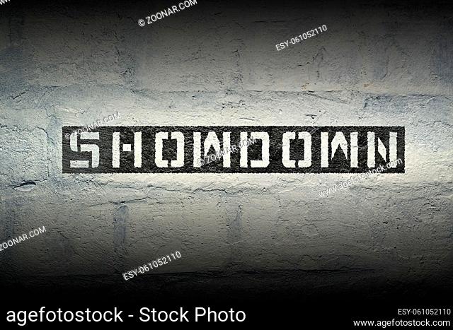 showdown stencil print on the grunge white brick wall