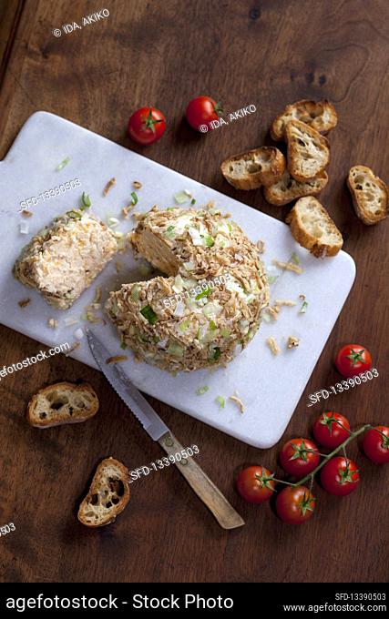 Cheese ball with dried onions and spring onions