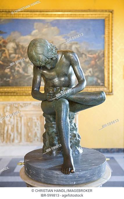Spinario or Boy with Thorn bronze dating to the first century BCE in the Capitoline Museums, Rome, Italy, Europe