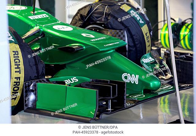 The new front nose of the Caterham CT05 seen in the teamgarage during the training session for the upcoming Formula One season at the Jerez racetrack in Jerez...