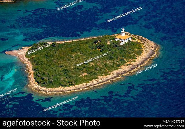 aerial view, alcanada lighthouse island, in the turquoise-green water, alcanada lighthouse illa alcanada, pont d'inca, sa creu vermella / la creu vermella