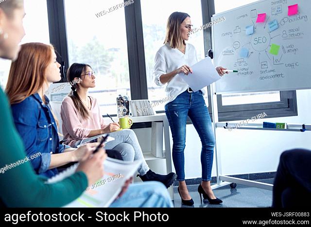 Businesswomen during meeting at a flipchart, presenting ideas for a search engine optimisation