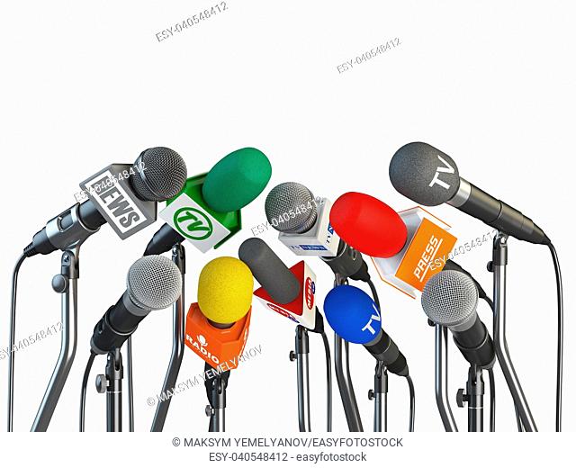 Microphones prepared for press conference or interview isolated on white background. 3d illustration
