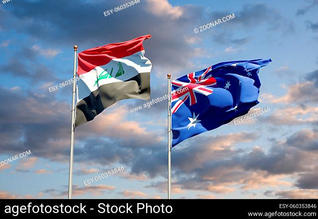 Beautiful national state flags of Iraq and Australia together at the sky background. 3D artwork concept