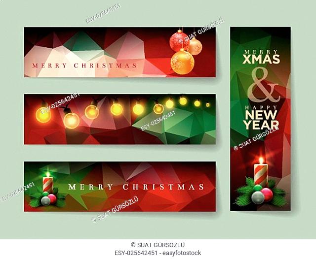 Vector Christmas banner design with abstract polygonal background. Horizontal and vertical template design set