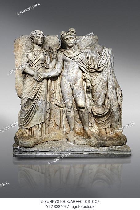 Roman Sebasteion releif sculpture of emperor Claudius and Agrippina, Aphrodisias Museum, Aphrodisias, Turkey. . . Claudius in heroic nudity and military cloak...