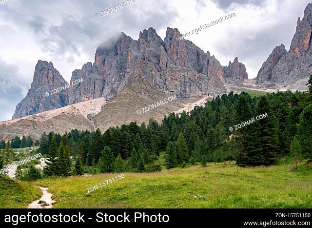 Santa Magdalena St Maddalena Val di Funes in Dolomites Italian Alps with Furchetta mountain peak