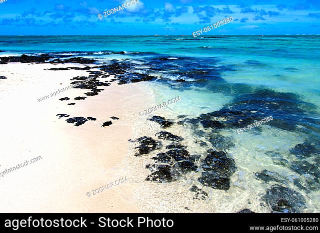 ile du cerfs seaweed in indian ocean mauritius mountain  sand isle sky and rock