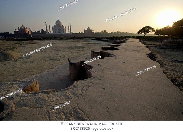 Foundations of the planned black counterpart of the Taj Mahal, UNESCO World Heritage, as seen across the river Yamuna, Agra, Uttar Pradesh, India, Asia